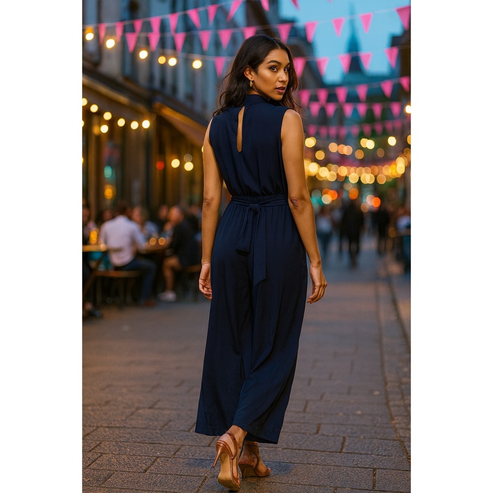 NWT Steve Madden NAVY Silvette Belted OPEN SLIT Back Flare Leg Gypsy Jumpsuit‎ L